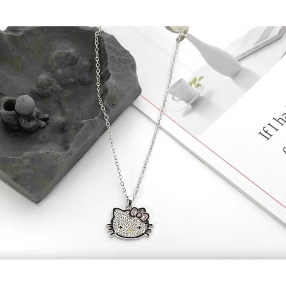 Hello Kitty Rhinestone Silver Pendant Necklace Sparkling Charm Adjustable Chain - Picture 6 of 7